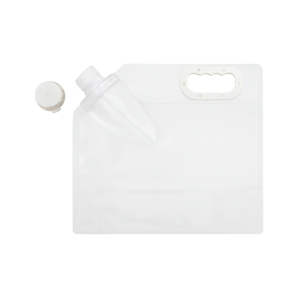 Clear plastic container with a white cap on a white background