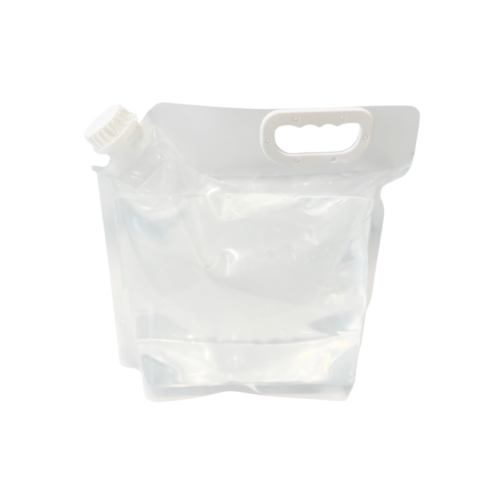 Clear plastic pouch with a handle on a white background