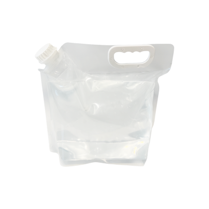 Clear plastic pouch with a handle on a white background