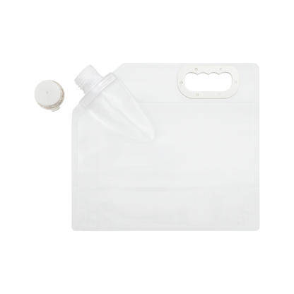 Clear plastic container with a white cap on a white background