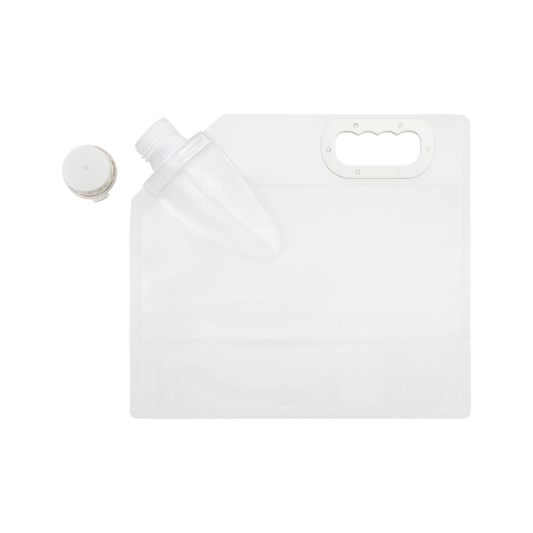 Clear plastic container with a white cap on a white background
