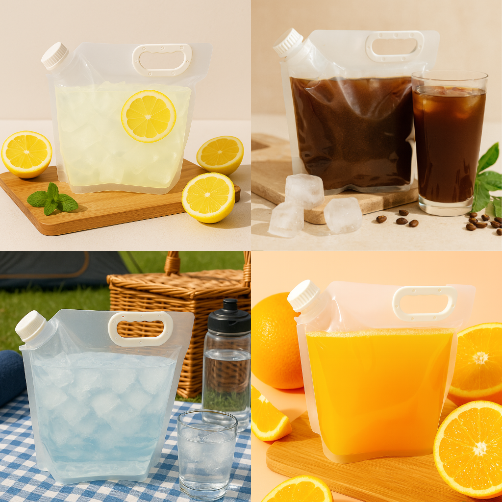 Collage of reusable water bottles with lemon, coffee, and orange drinks.
