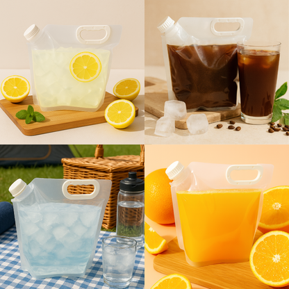 Collage of reusable water bottles with lemon, coffee, and orange drinks.