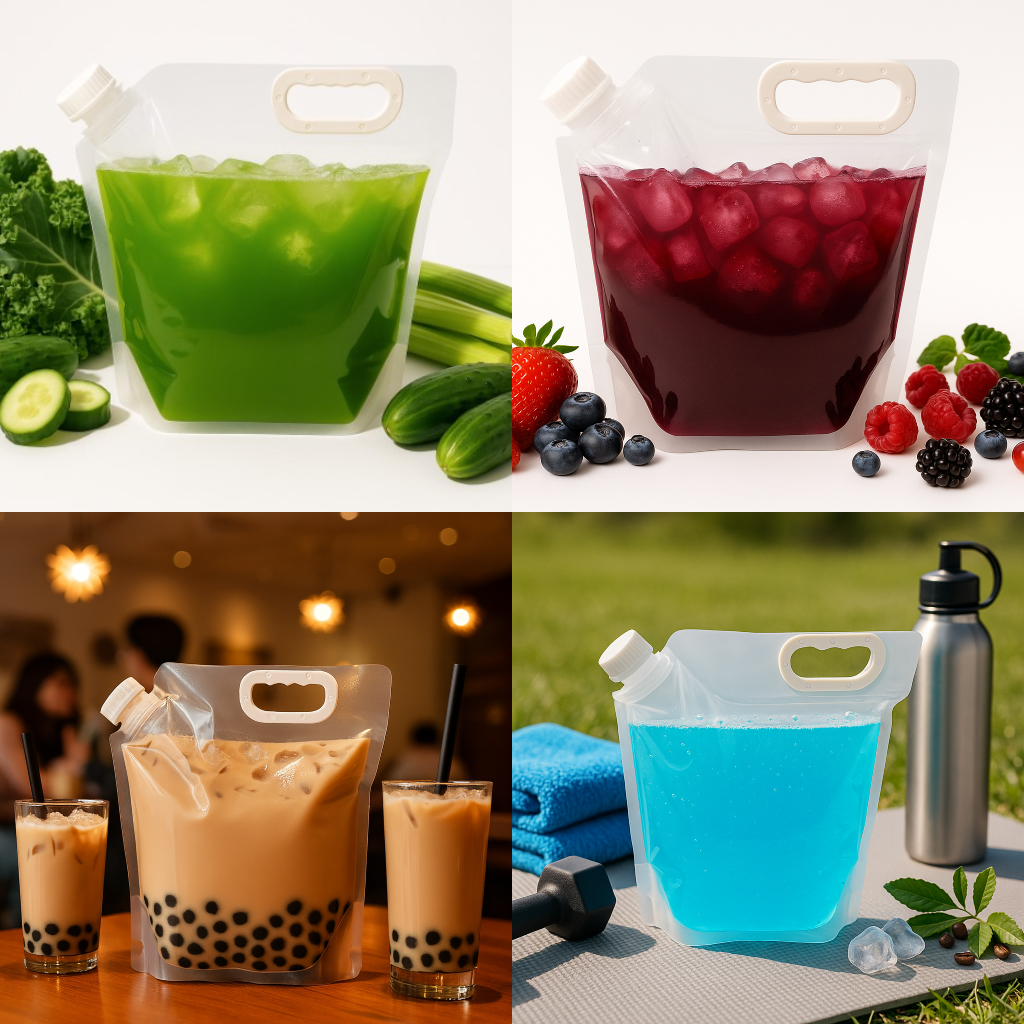 Collage of various portable drink containers with different beverages and settings.